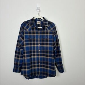 Ely Cattleman Blue Plaid Western Pearl Snap Shirt Men's Medium‎ Cowboy Retro